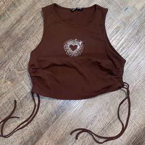 Brown Cropped Tank w/Cute Rhinestoned Heart